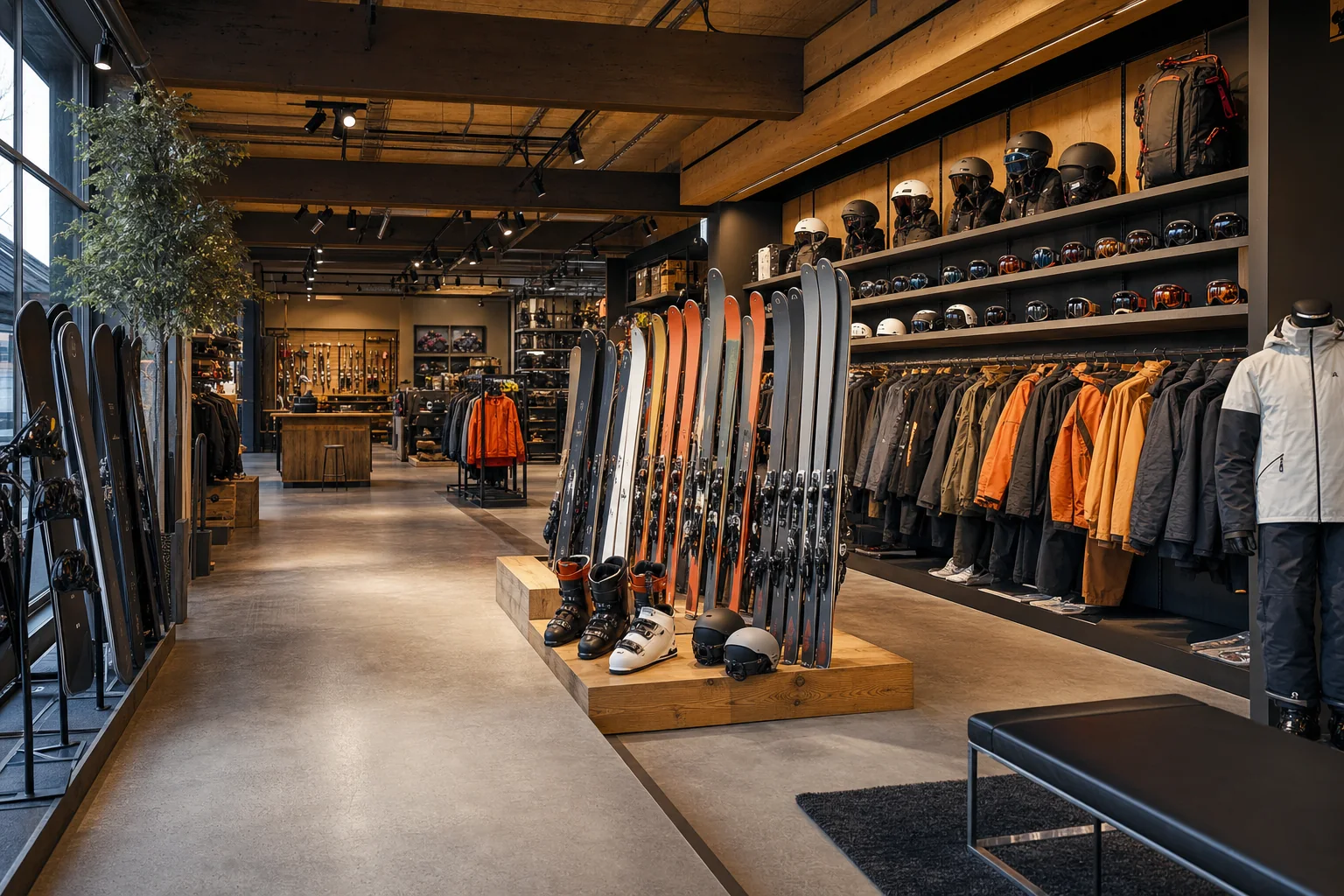 Wintersportafdeling van Kampeerwinkel Roermond met ski’s, snowboards en technische wintersportkleding